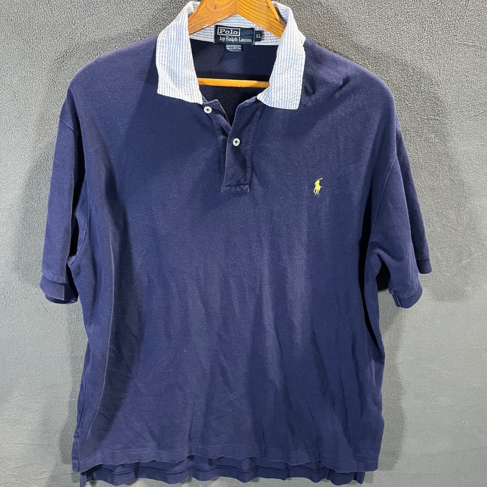 Polo Ralph Lauren Mens XL Navy Blue Pique Polo Shirt Striped Seersucker Collar